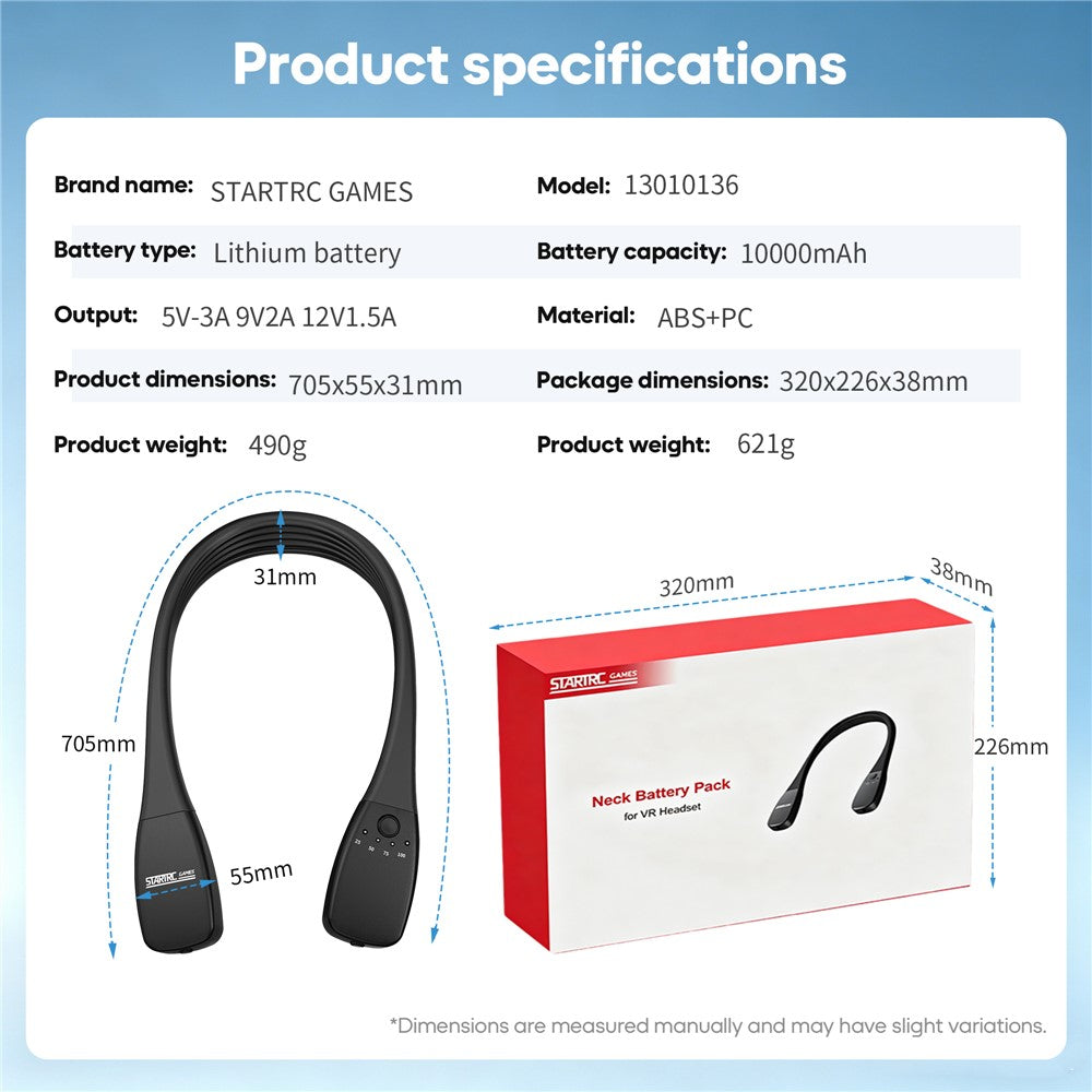 STARTRC GAMES 10000mAh Neck Mounted Power Bank for Meta Quest 3 / 3S / 2 / PICO 4 PD 18W Fast Charging VR Headset Battery Pack