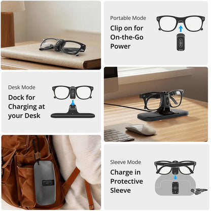 BOBOVR CG2 Charging Dock for Meta Ray-Ban Wayfarer / Skyler / Headliner Smart AI Glass 3 in 1 Charging Station with Portable Battery Clip and Travel Case