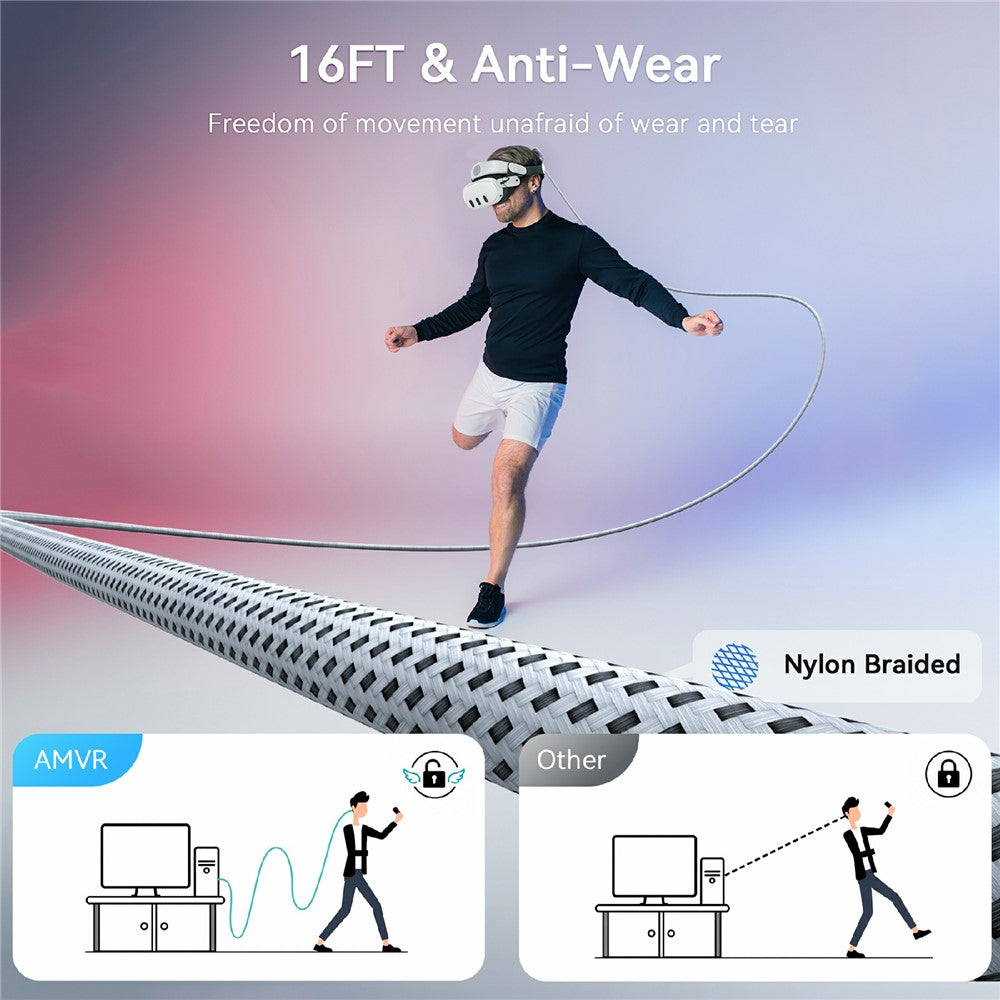 AMVR LC6L 16FT 2 in 1 USB-A + Type-C to Type-C 5Gbps Nylon Braided Data Cable for VR Gaming