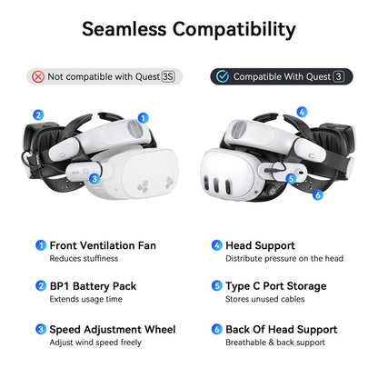 AMVR BS1 For Meta Quest 3 Rechargeable Battery Head Strap VR Headset Cooling System